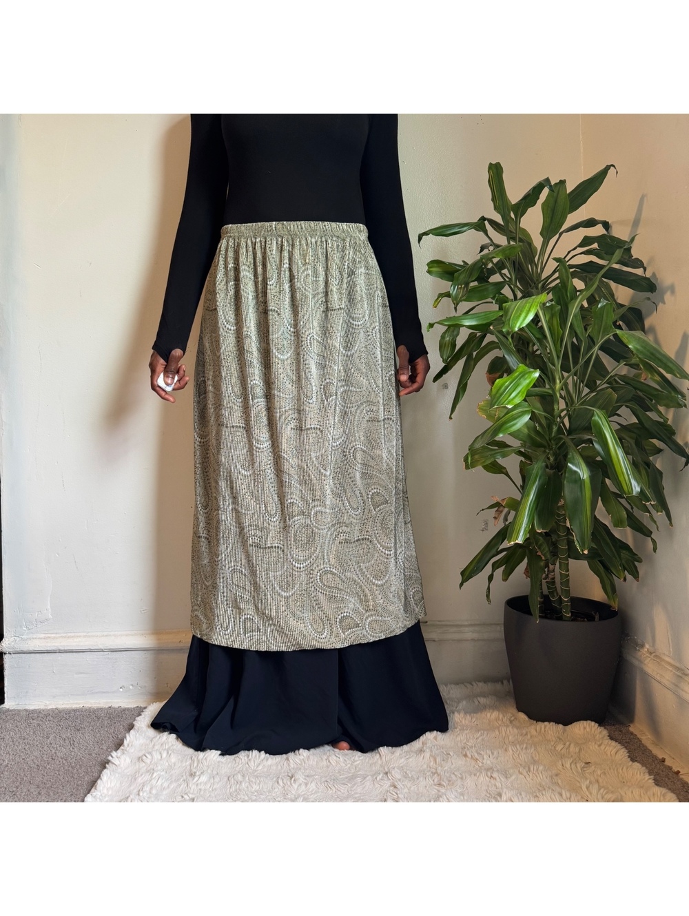 90s Fashion Bug Plissé Pleated Maxi Skirt Plus Size 1X Olive Paisley
